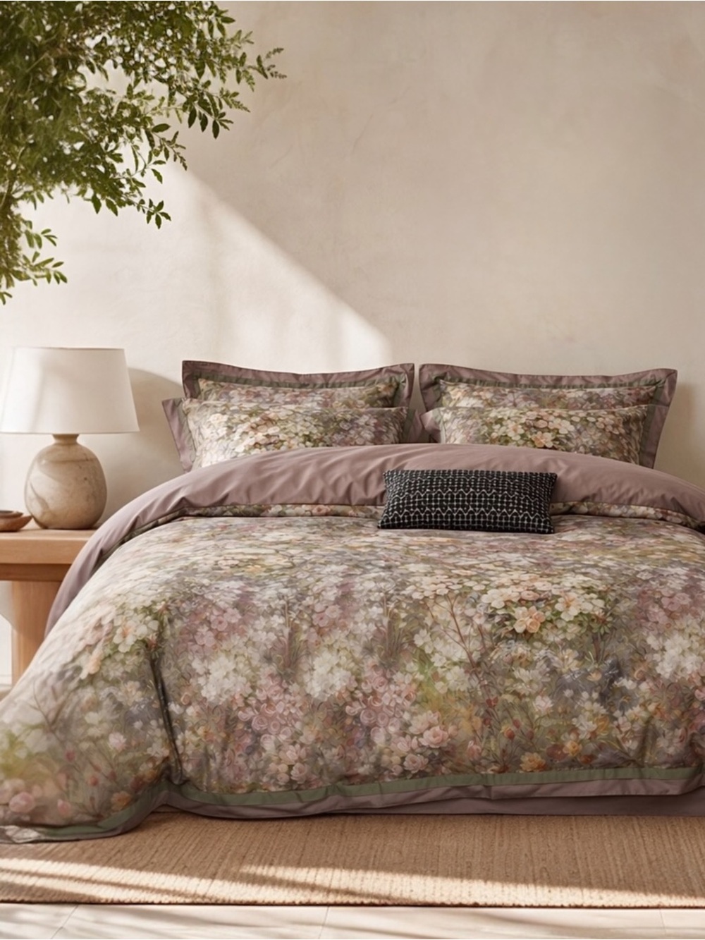 NEW Anthro Blush Pink Silk Floral Boho Cotton Queen King Bedding Duvet Sham Set